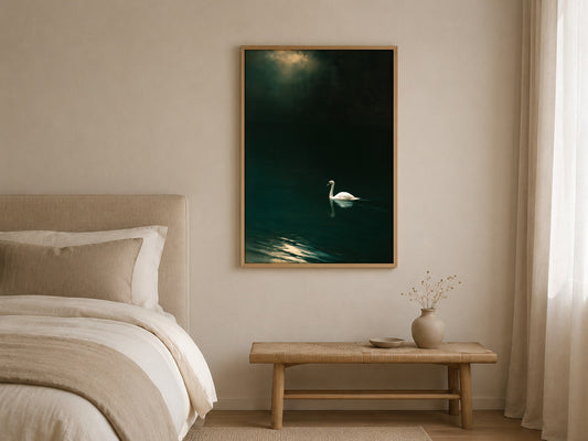 Night Swan swan wall art, framed in a styled interior