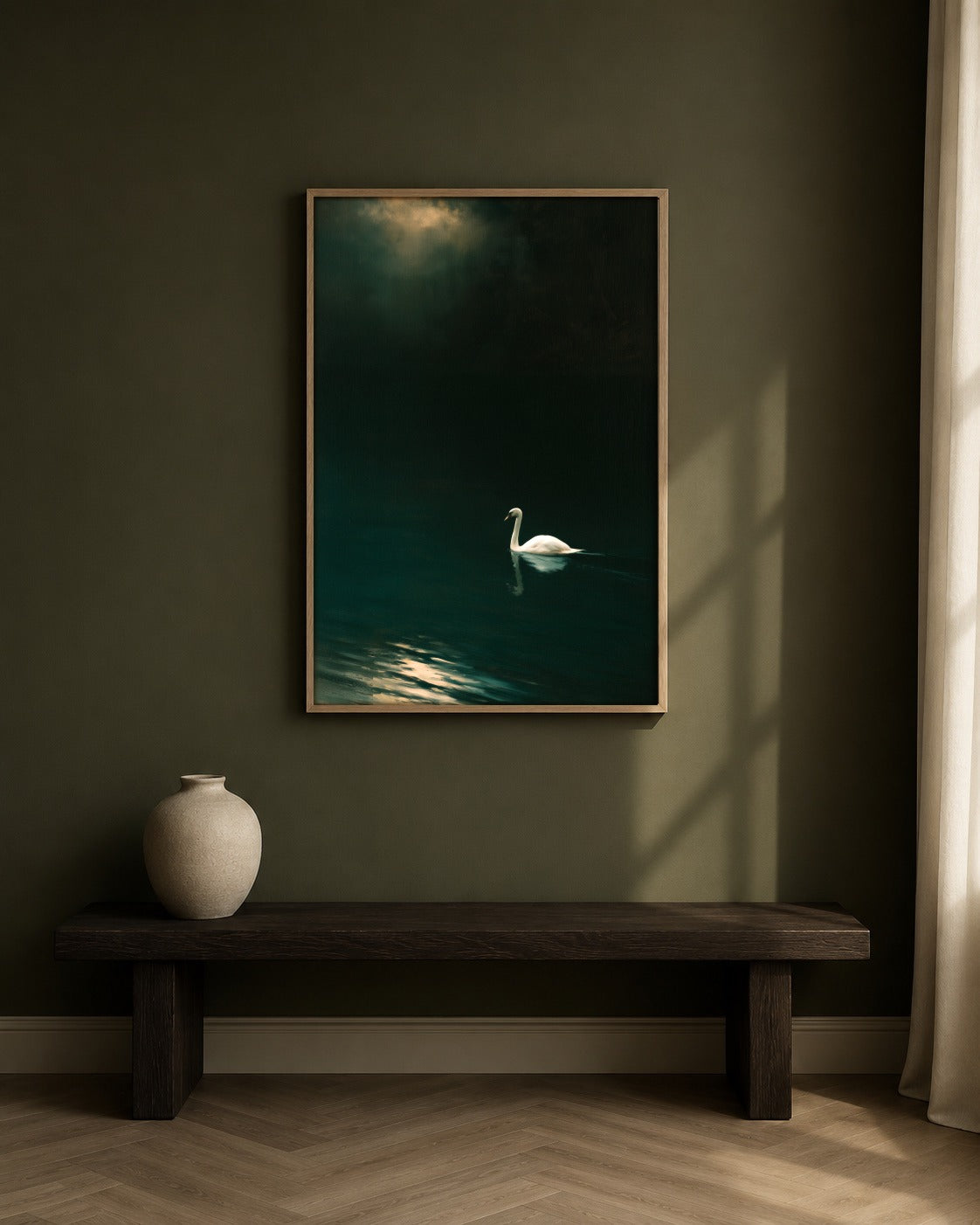 Night Swan framed swan artwork in a contemporary interior