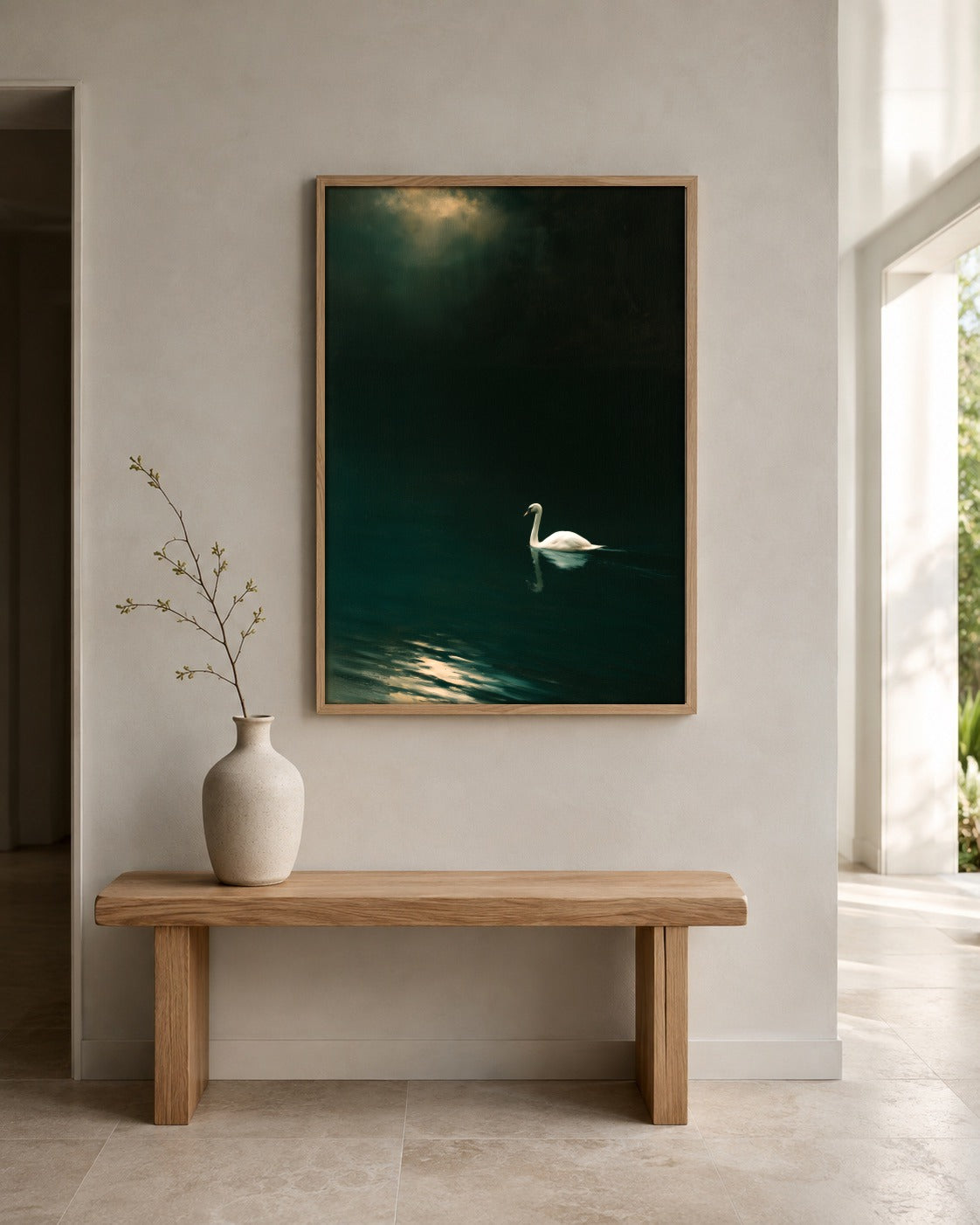 Night Swan dark green swan wall art displayed in a home interior