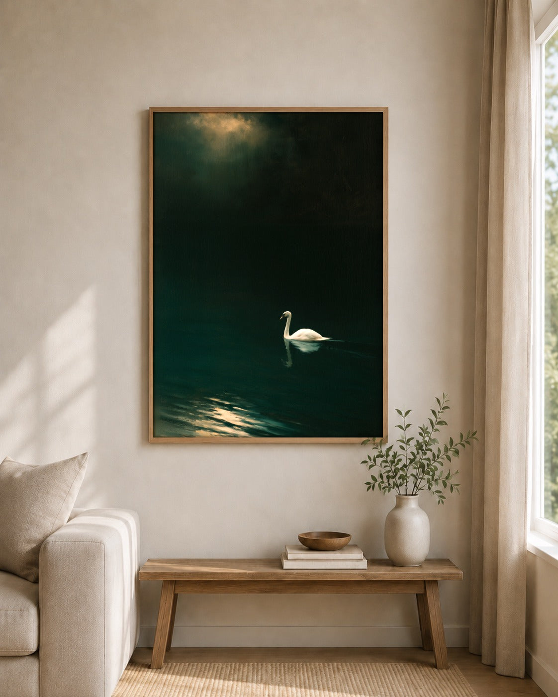Night Swan framed wall art styled on an interior wall