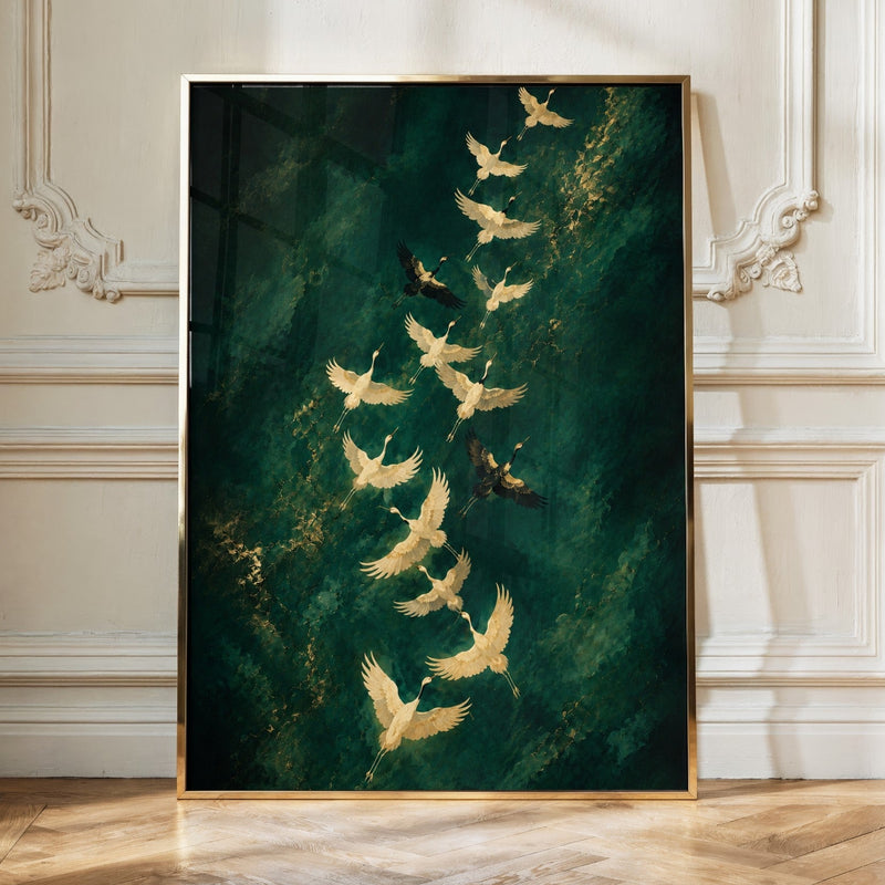 Take Flight | Emerald & Gold Crane Wall Art