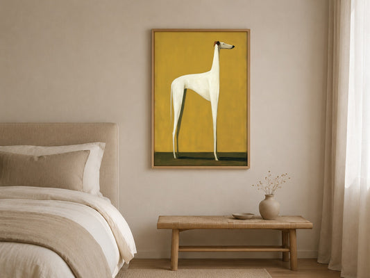 The Standing Hound greyhound wall art, framed in a styled interior