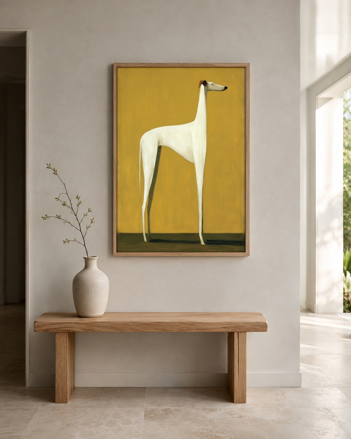 The Standing Hound mustard greyhound wall art displayed in a home interior