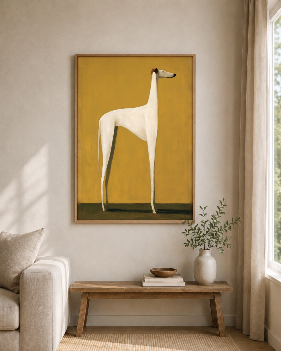 The Standing Hound framed wall art styled on an interior wall