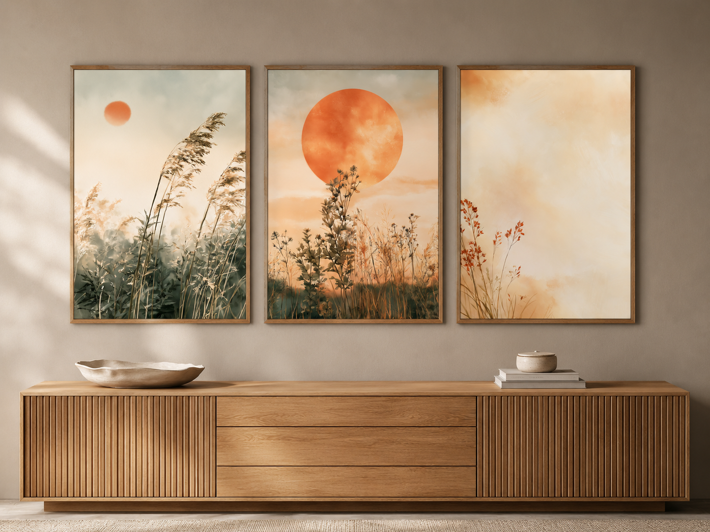 Terracotta Meadow set of 3 botanical wall art prints above a wooden sideboard