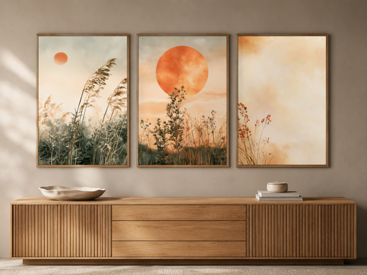 Terracotta Meadow set of 3 botanical wall art prints above a wooden sideboard