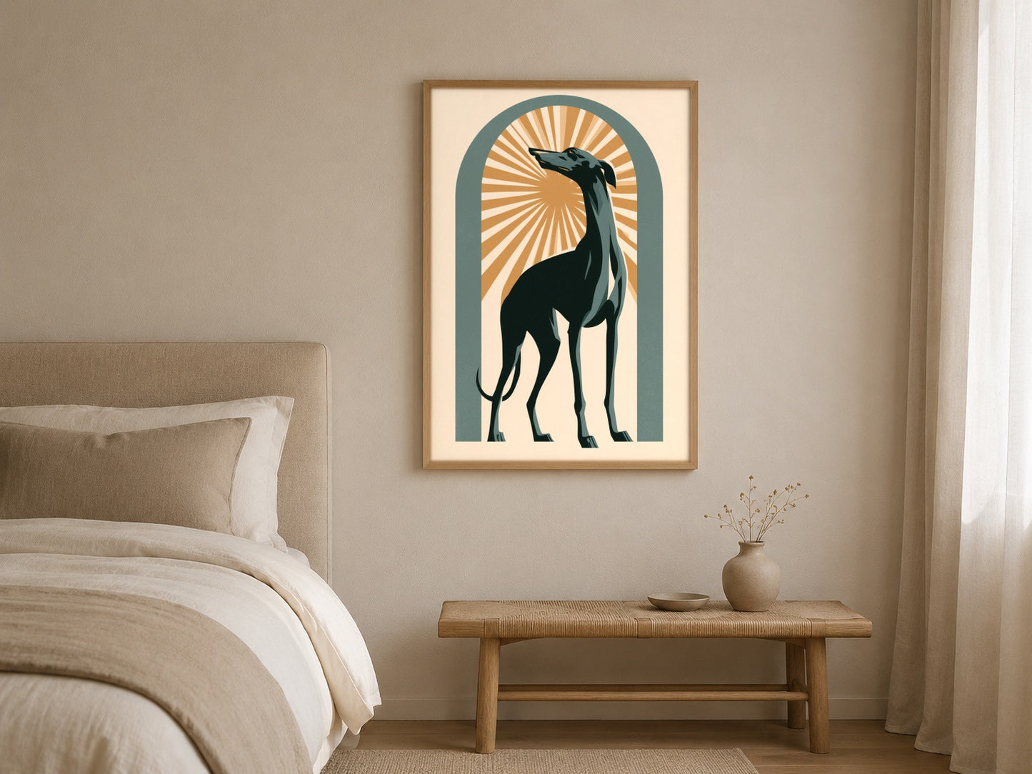 The Golden Hound greyhound wall art, framed in a styled interior