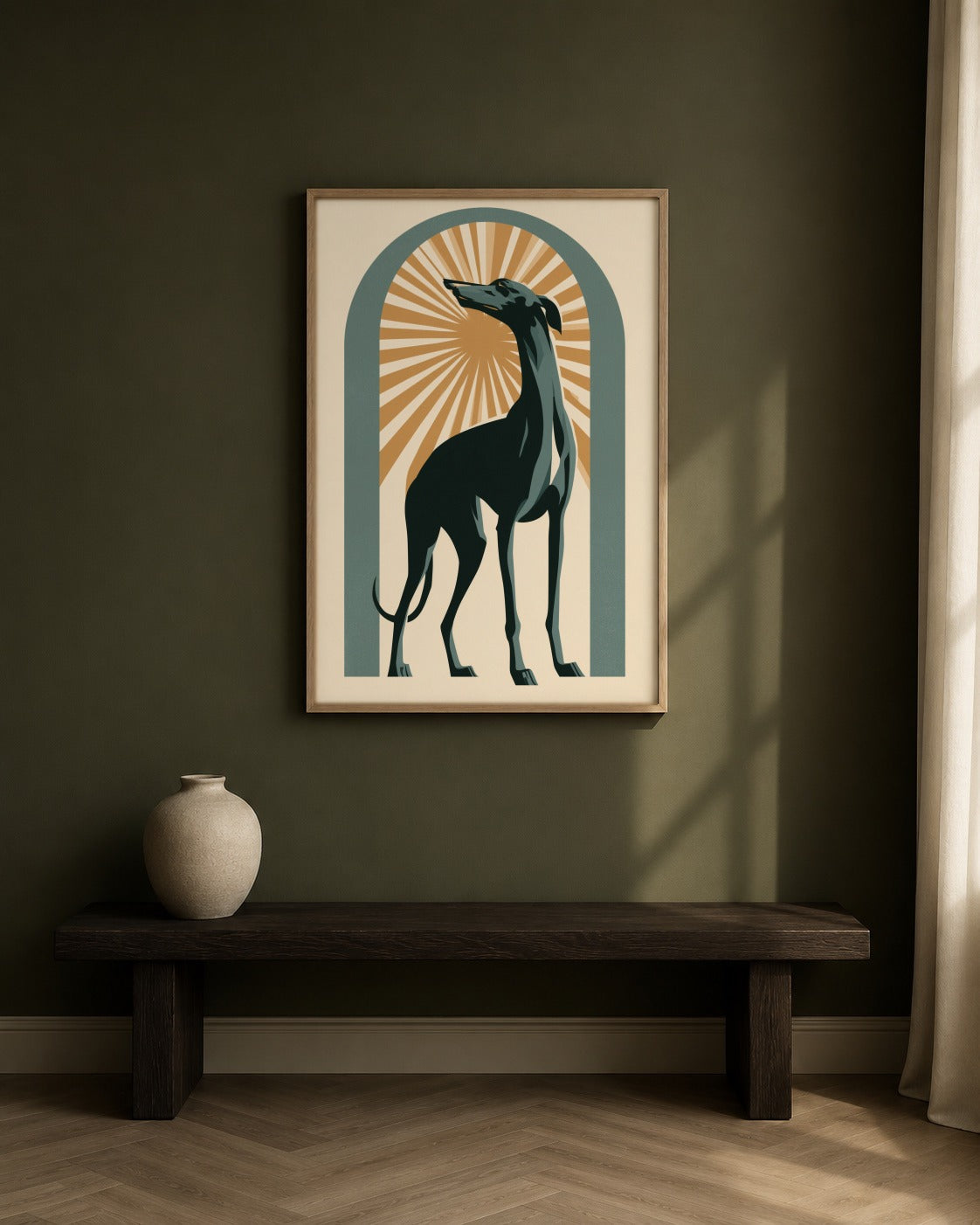 The Golden Hound framed greyhound artwork in a contemporary interior