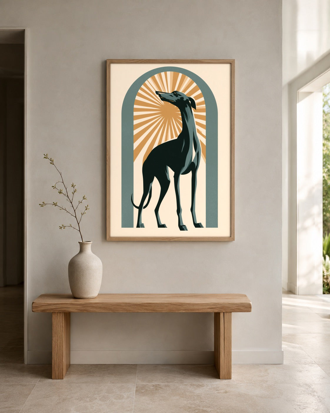 The Golden Hound greyhound wall art displayed in a home interior
