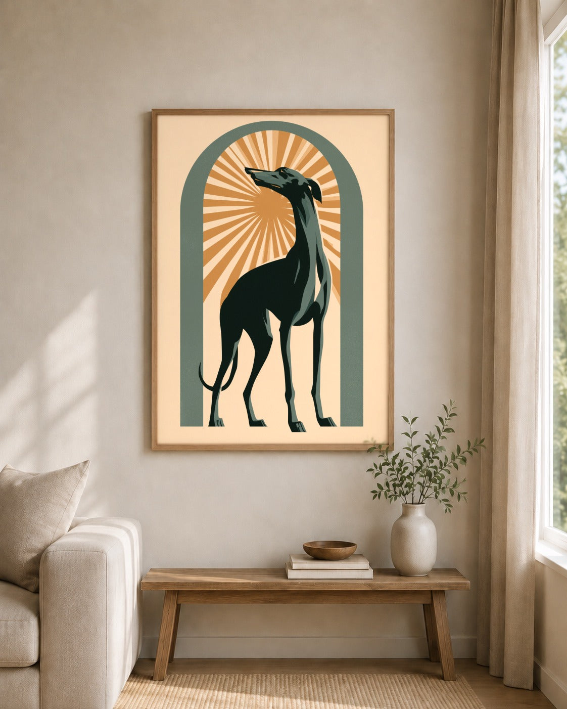 The Golden Hound framed wall art styled on an interior wall