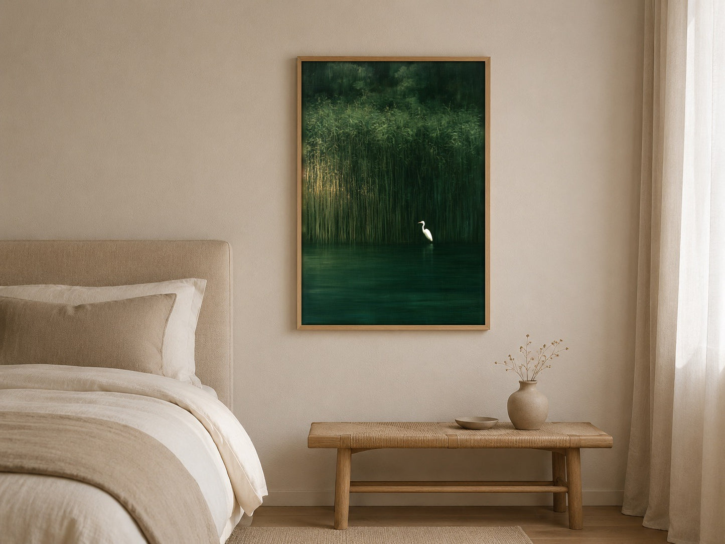 At the Reed Line heron wall art, framed in a styled interior
