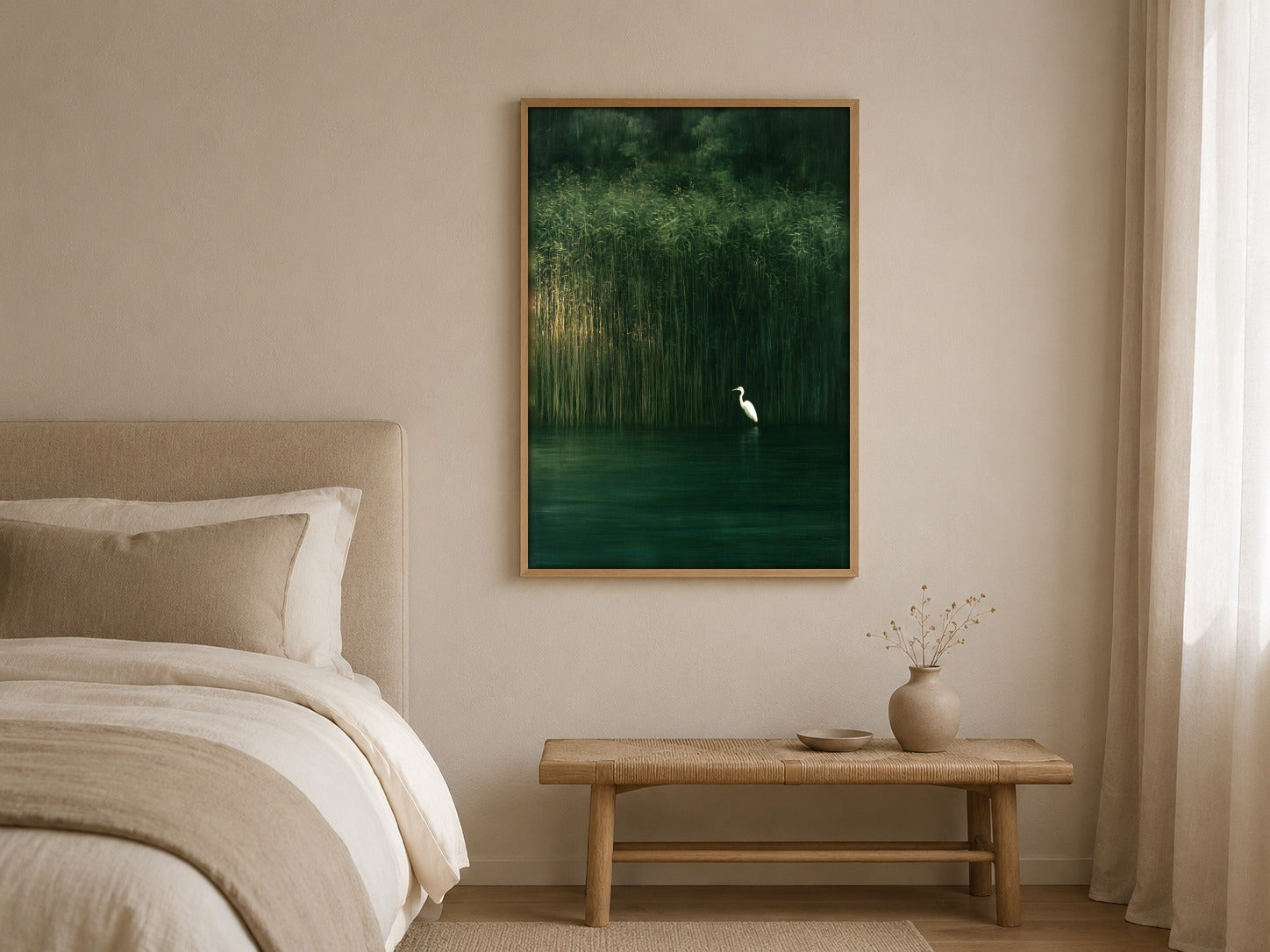 At the Reed Line heron wall art, framed in a styled interior