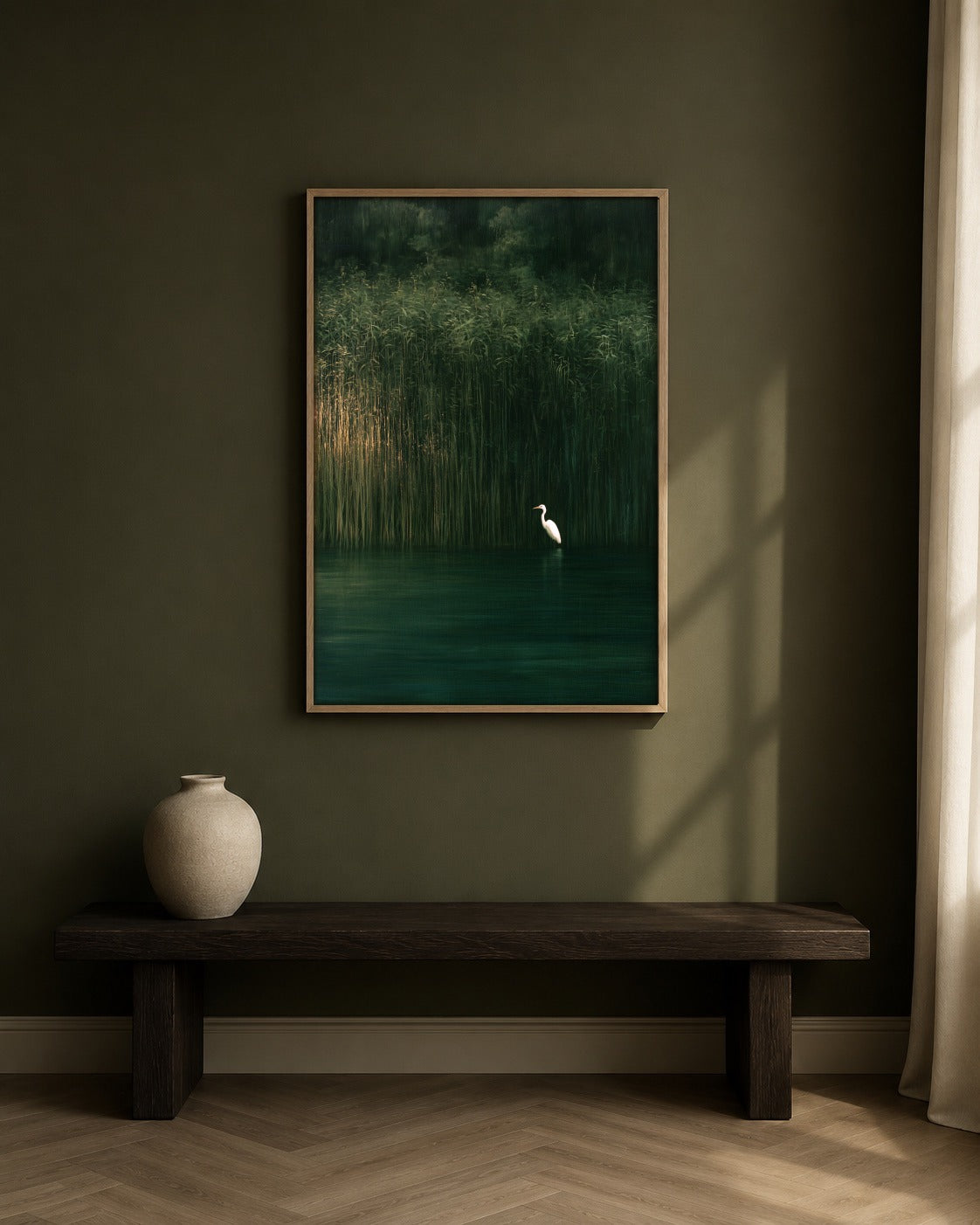 At the Reed Line framed heron in reeds artwork in a contemporary interior