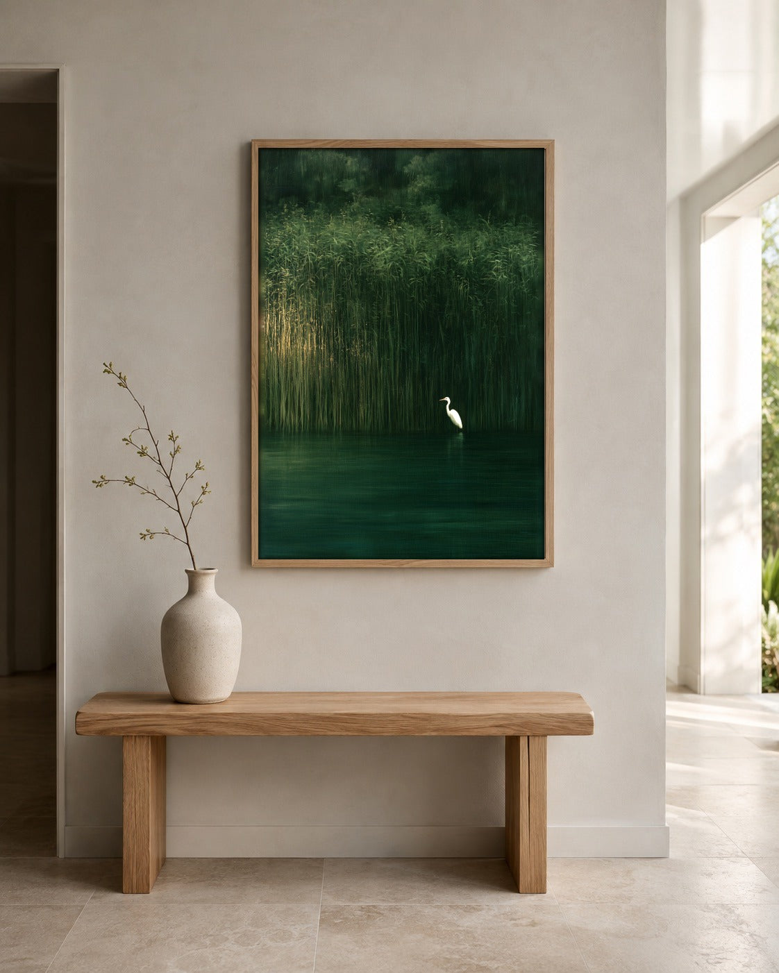 At the Reed Line green heron wall art displayed in a home interior