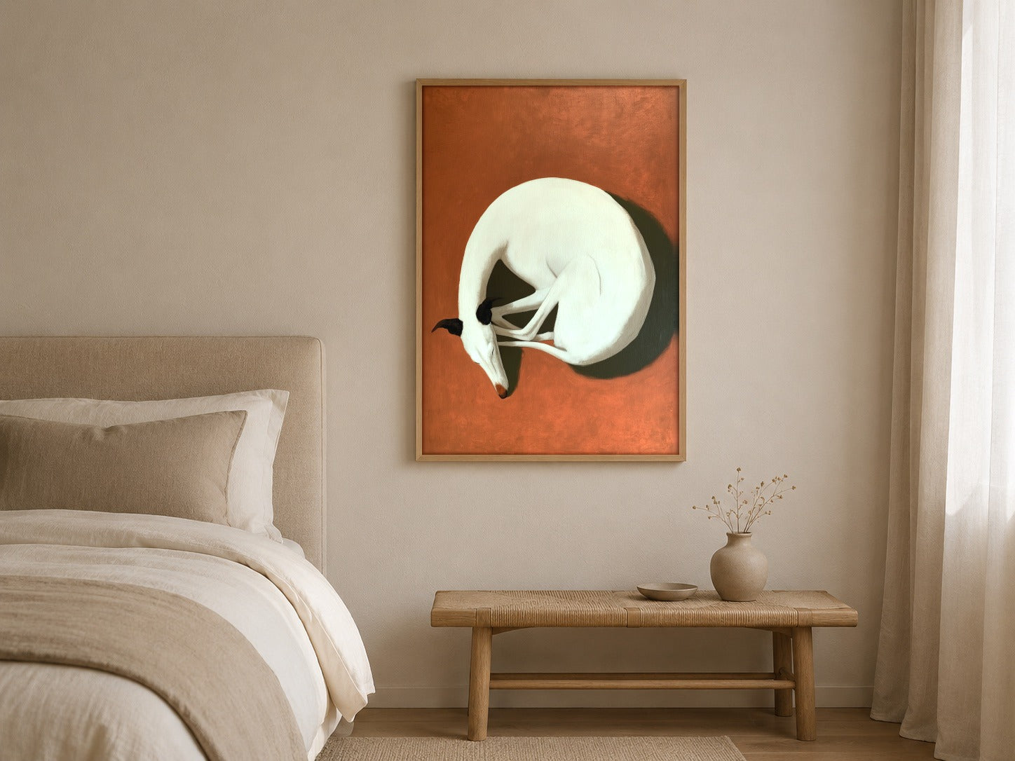 The Sleeping Hound greyhound wall art, framed in a styled interior