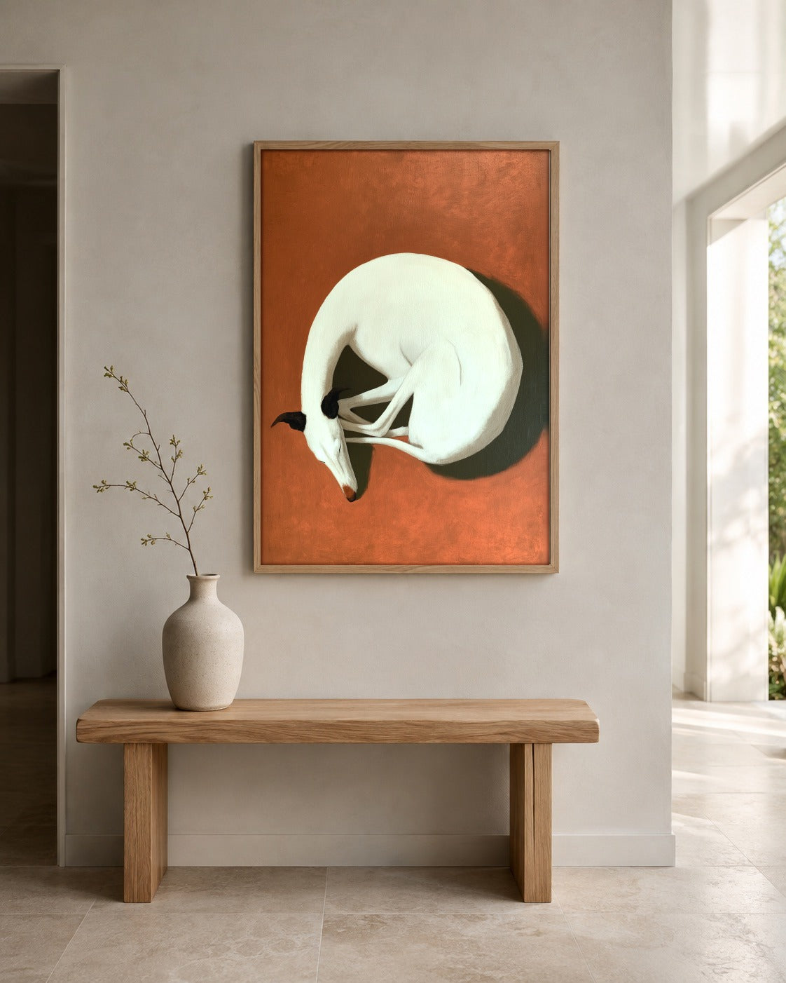 The Sleeping Hound curled greyhound wall art displayed in a home interior