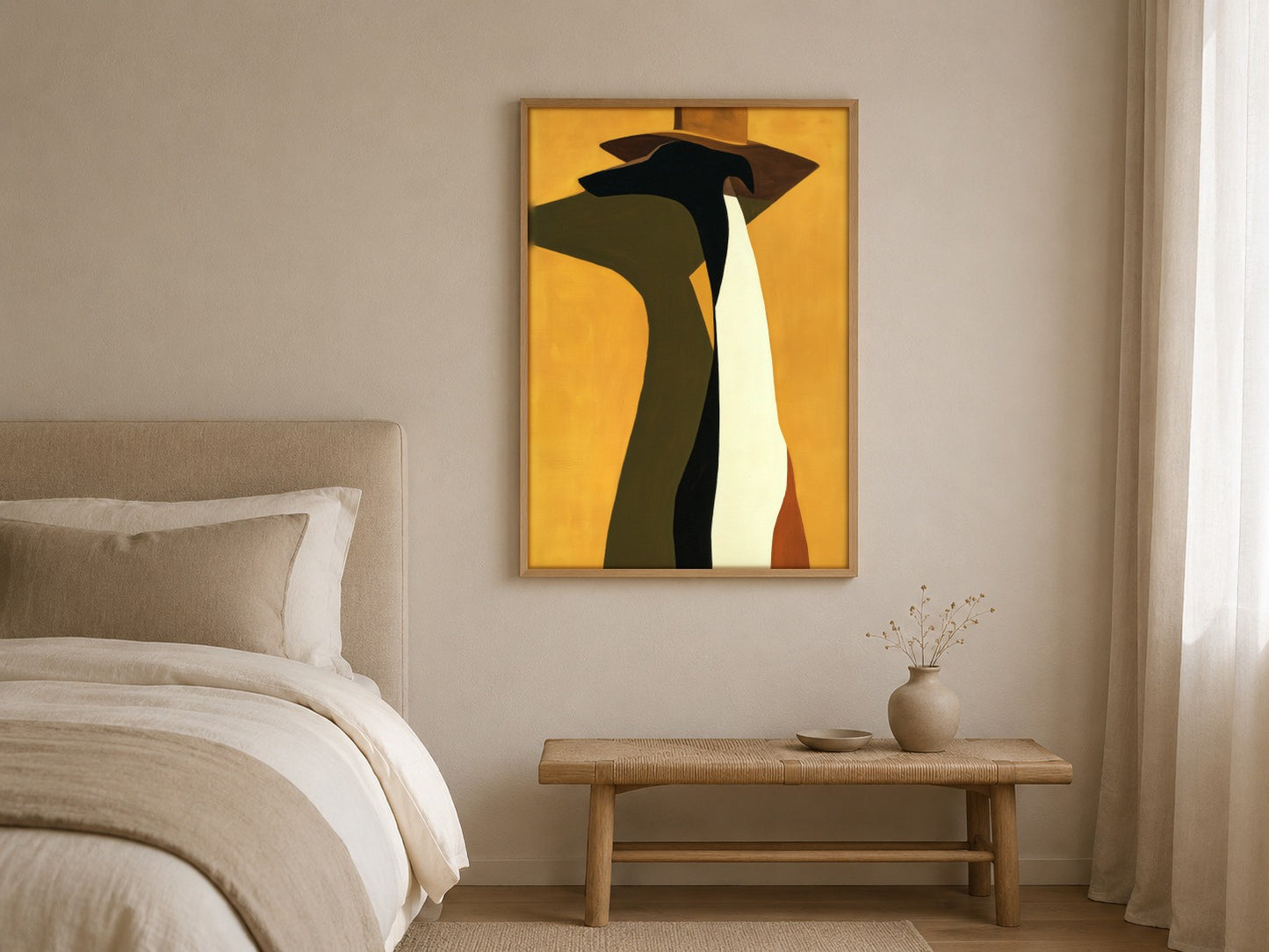 The Hound, Seated abstract greyhound wall art, framed in a styled interior