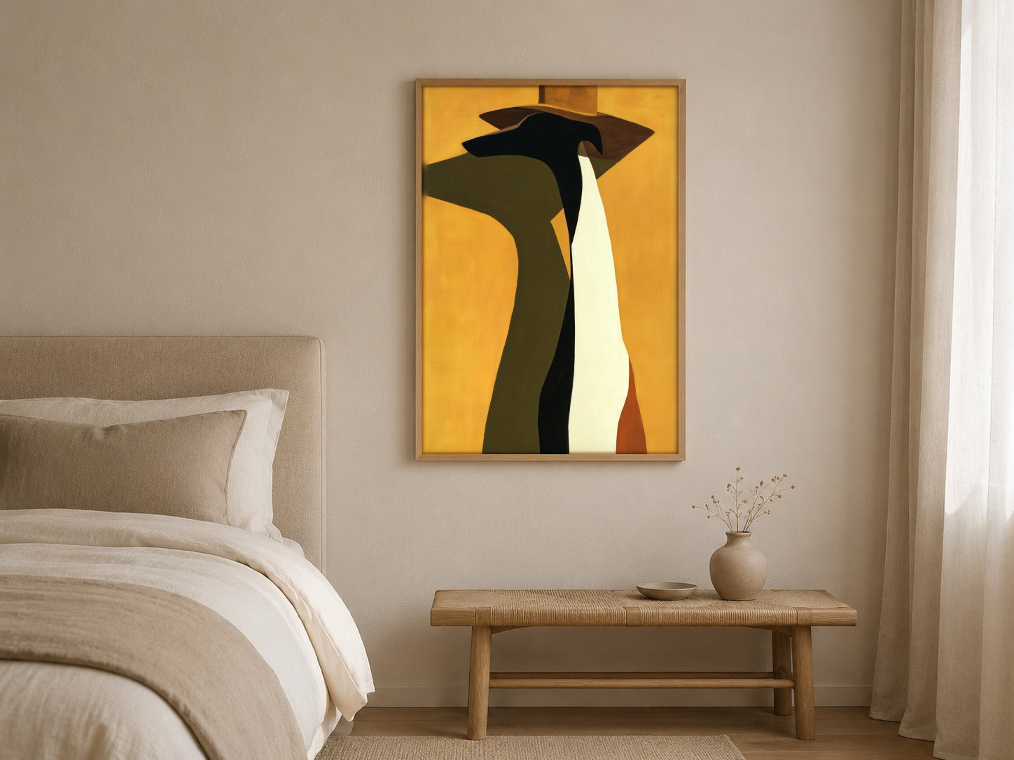 The Hound, Seated abstract greyhound wall art, framed in a styled interior