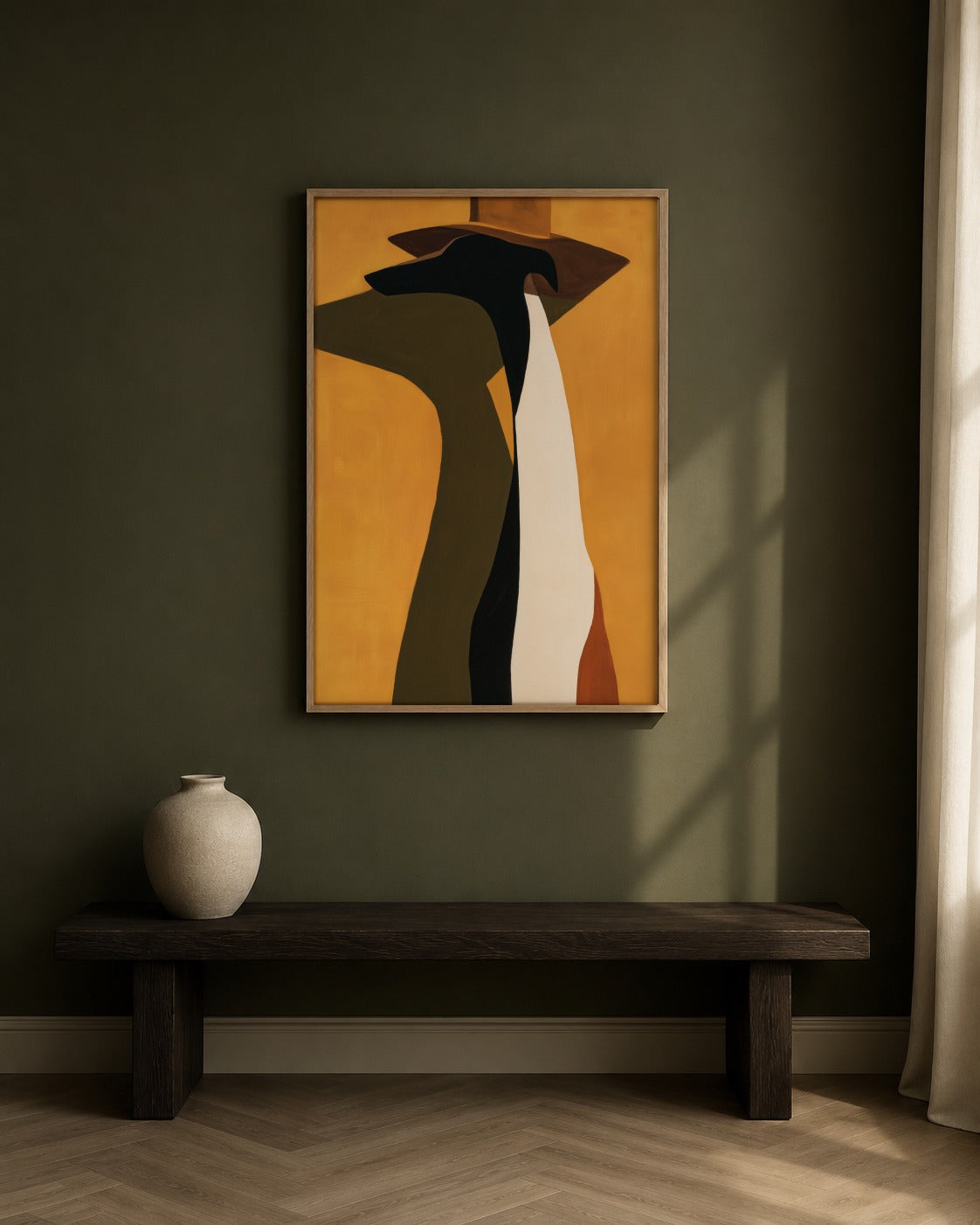 The Hound, Seated framed greyhound artwork in a contemporary interior