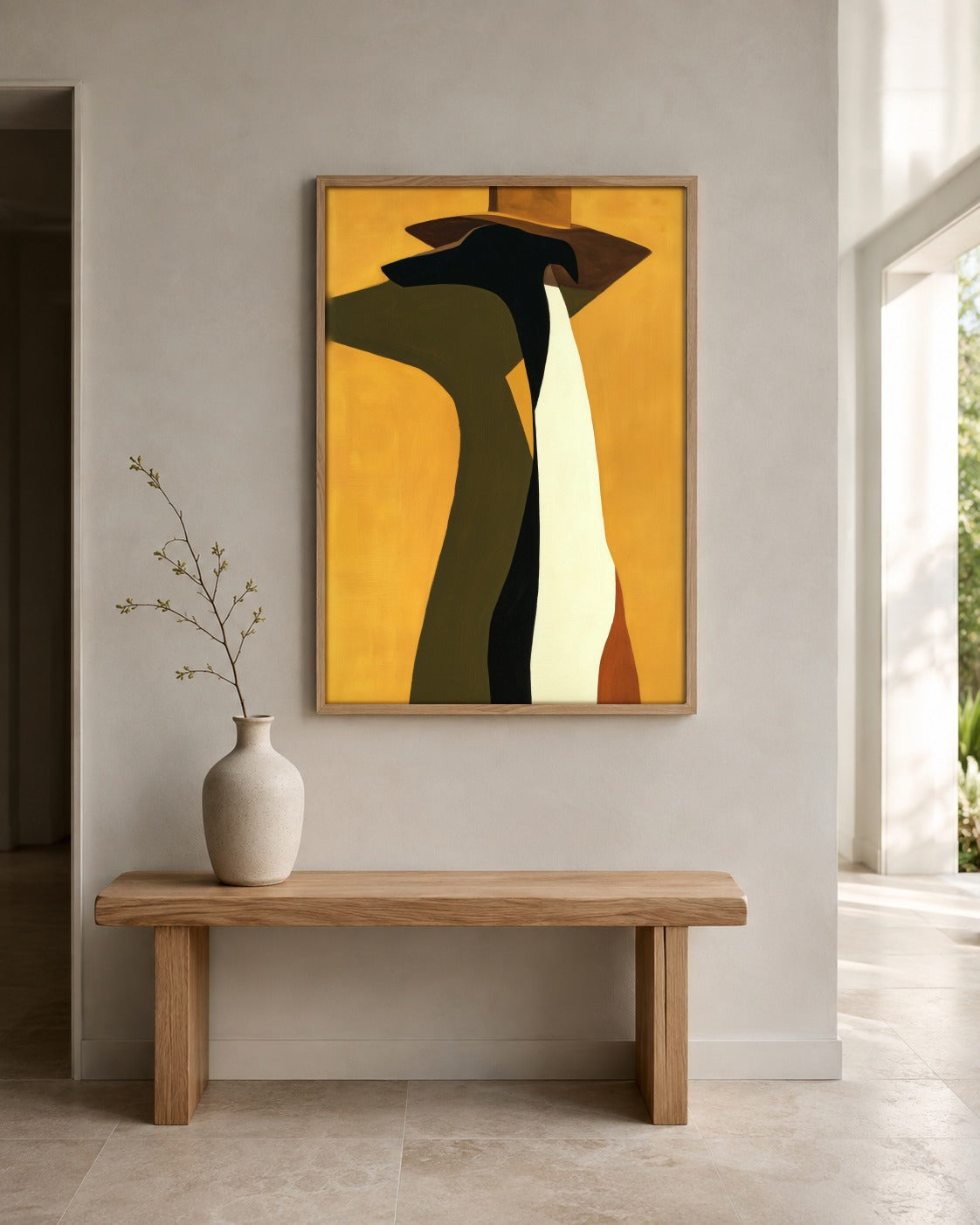 The Hound, Seated graphic greyhound wall art displayed in a home interior