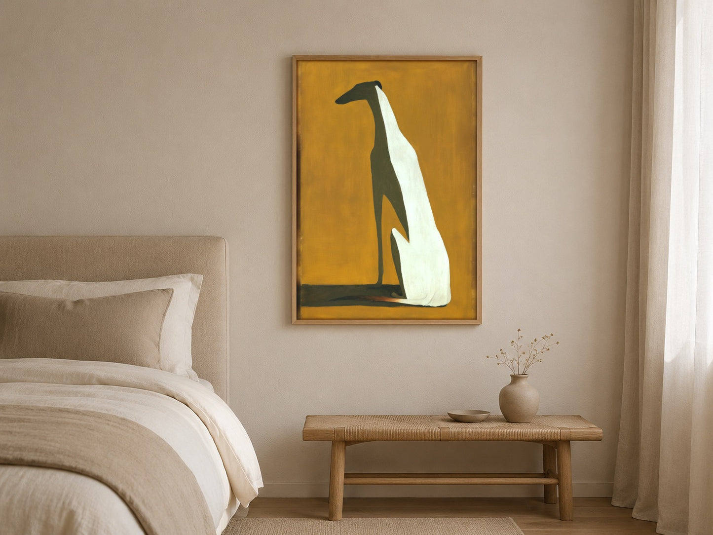 The Long Hound minimalist greyhound wall art, framed in a styled interior