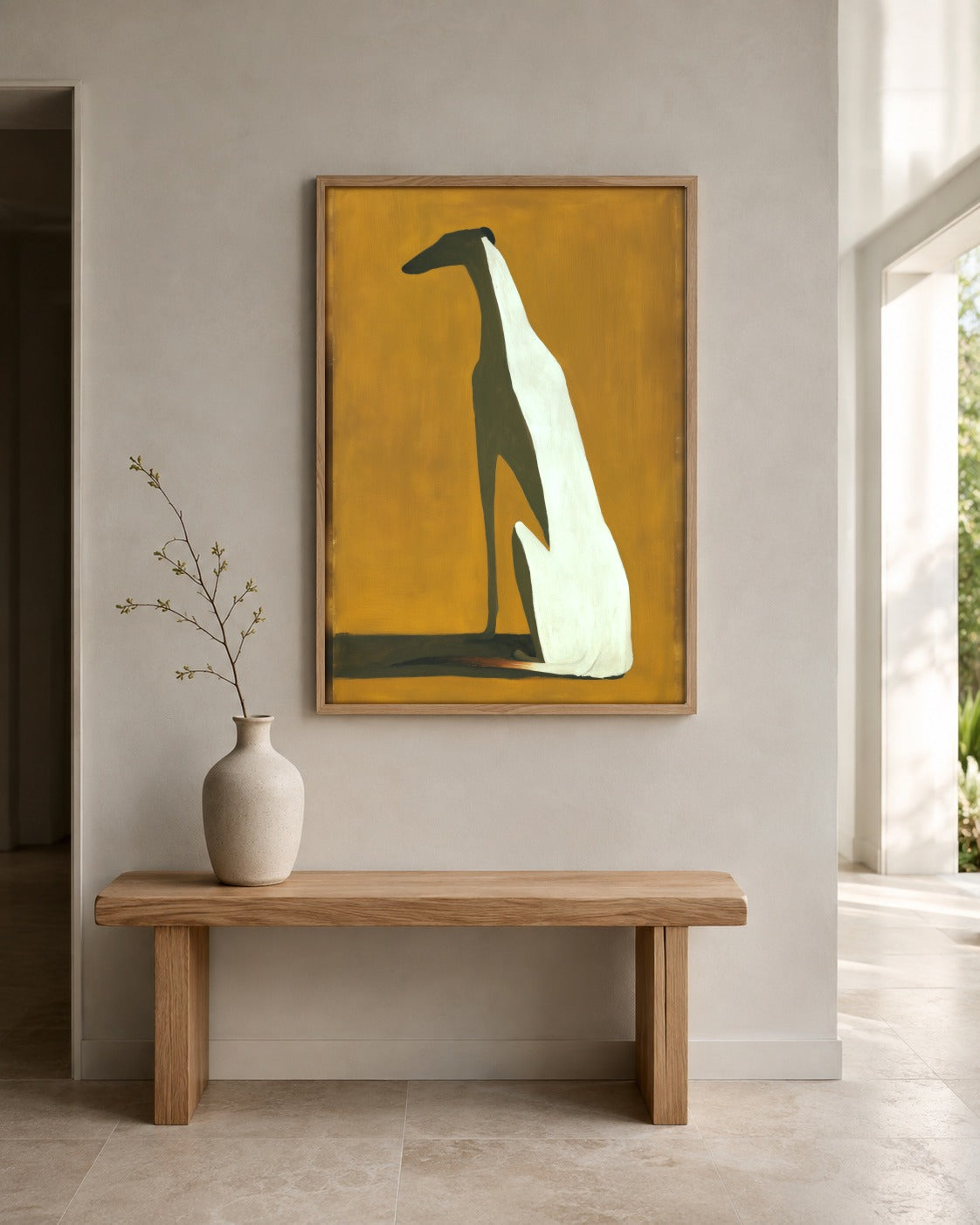The Long Hound graphic greyhound wall art displayed in a home interior