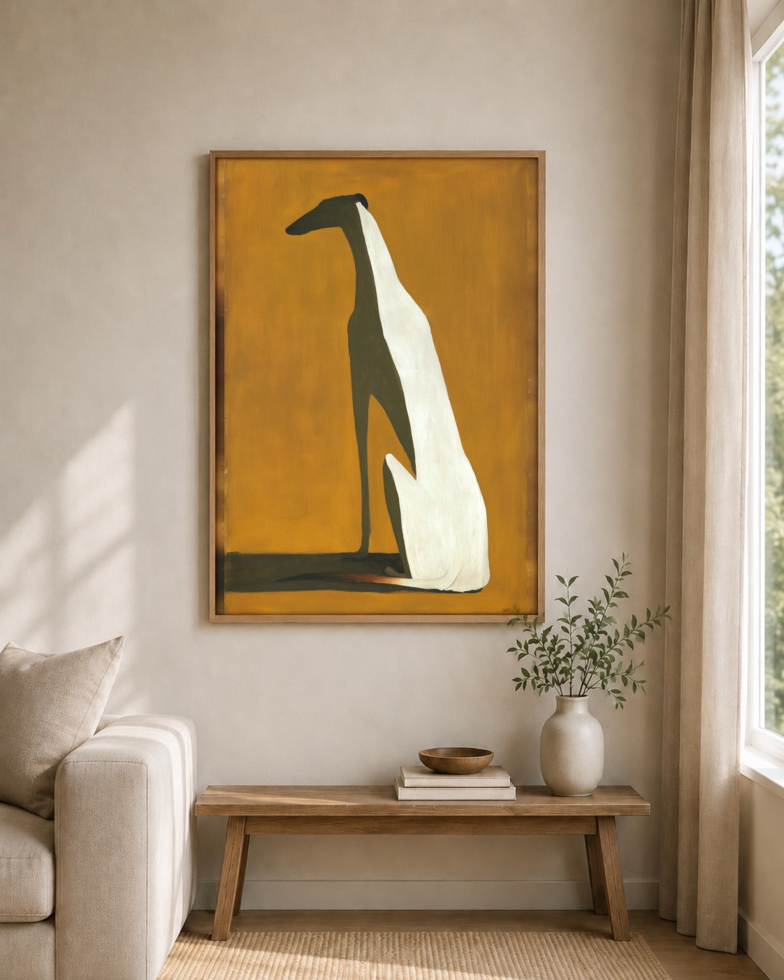 The Long Hound framed wall art styled on an interior wall