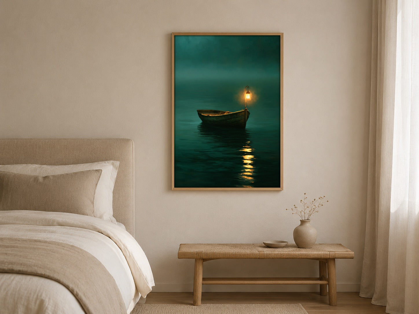 The Lantern Boat framed wall art styled on an interior wall