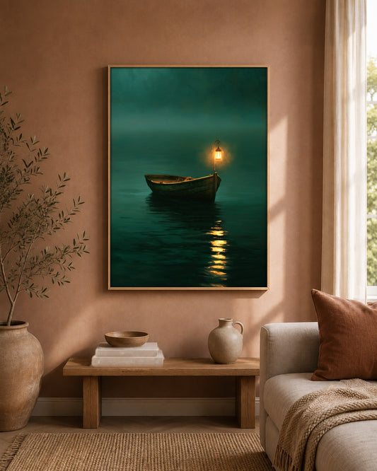The Lantern Boat emerald green wall art, framed in a styled interior