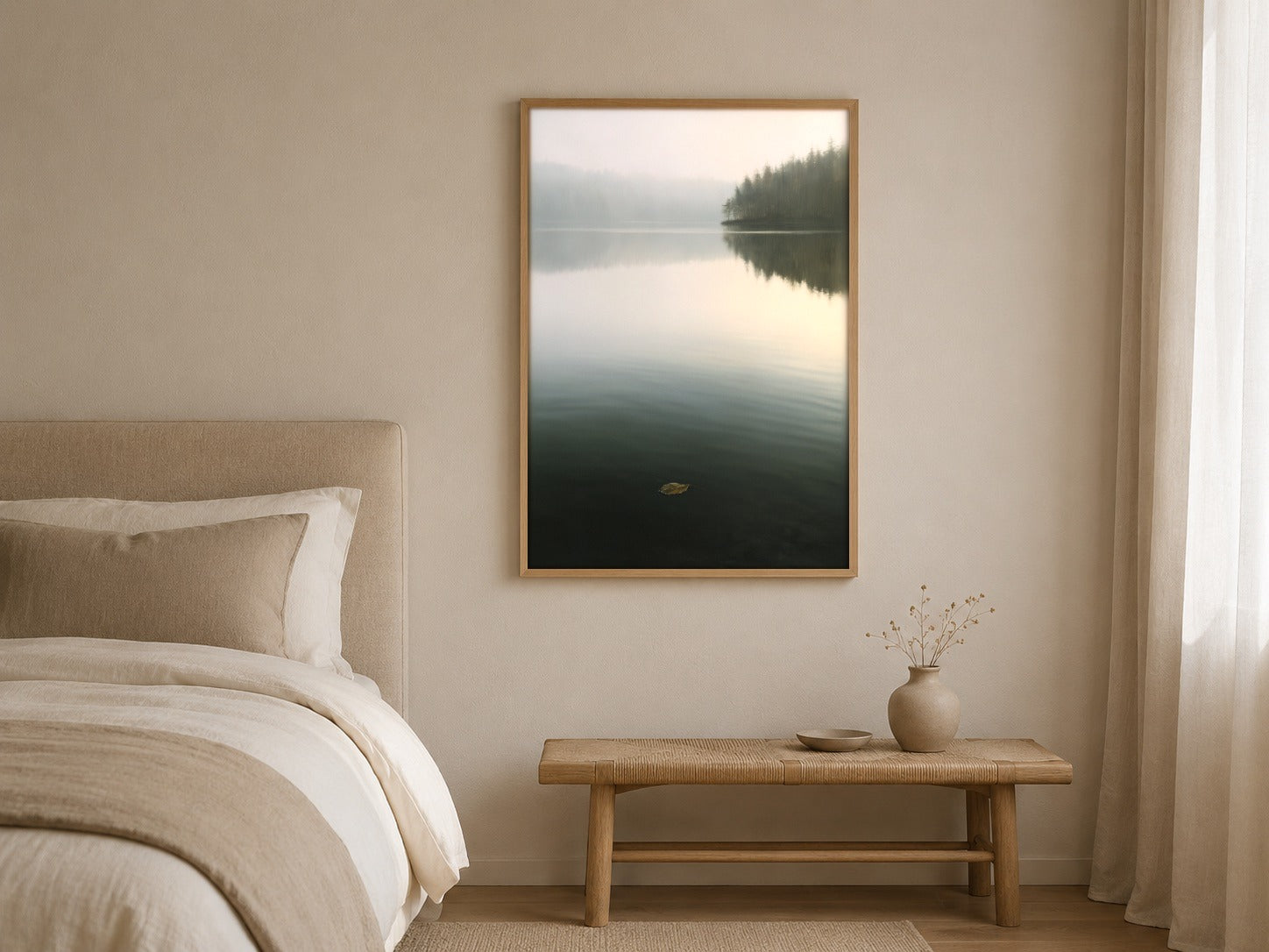 The Last Leaf misty lake wall art, framed in a styled interior