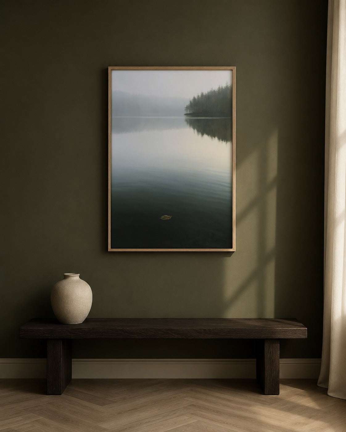 The Last Leaf framed lake artwork in a contemporary interior