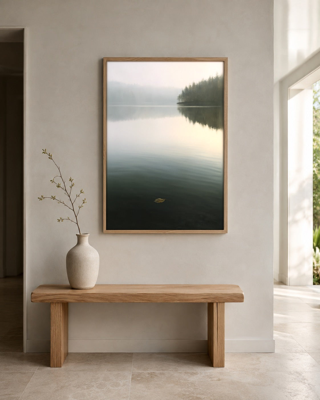 The Last Leaf misty lake wall art with a golden leaf in a home interior
