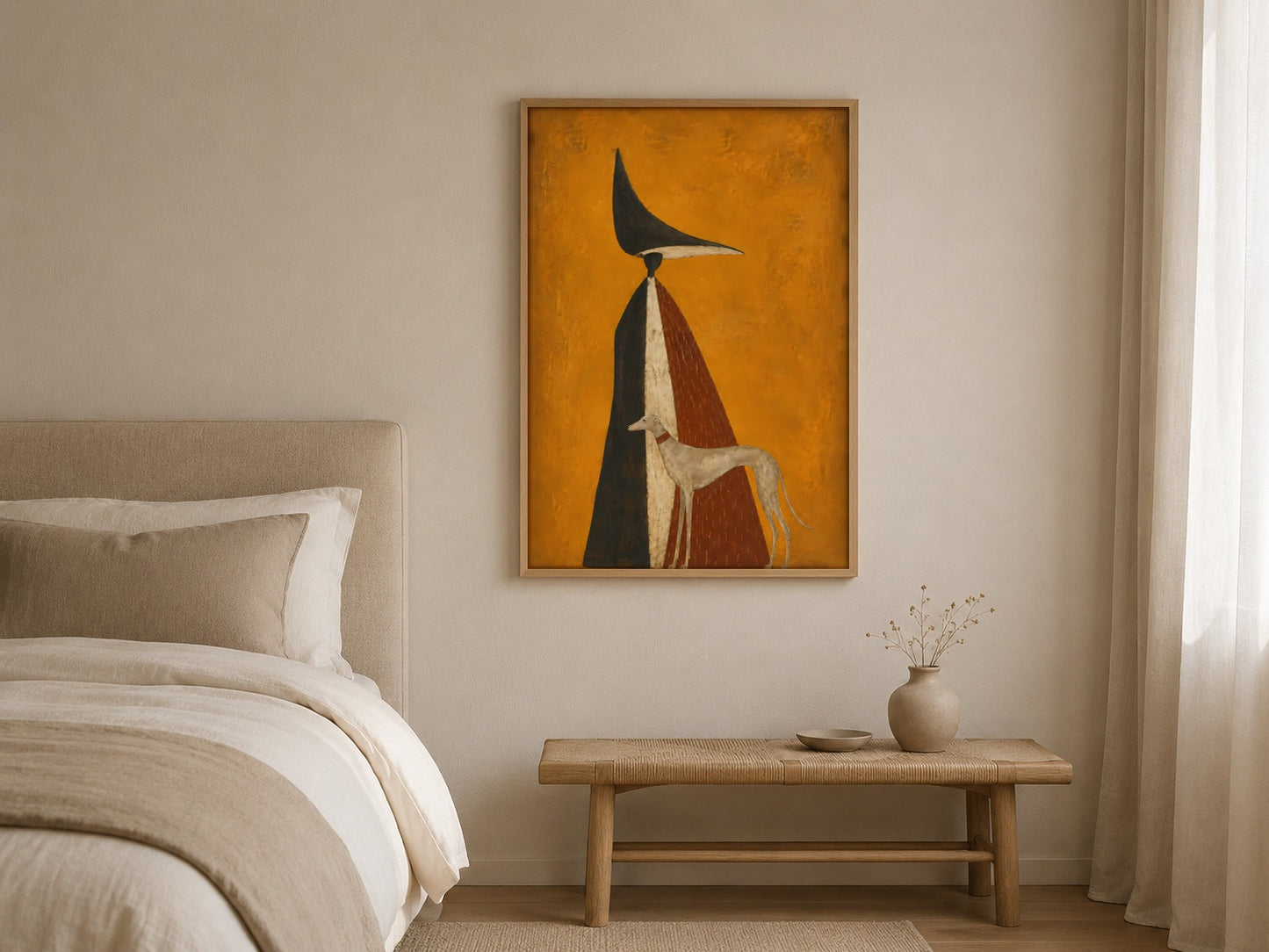 The Late Guest figurative greyhound wall art, framed in a styled interior