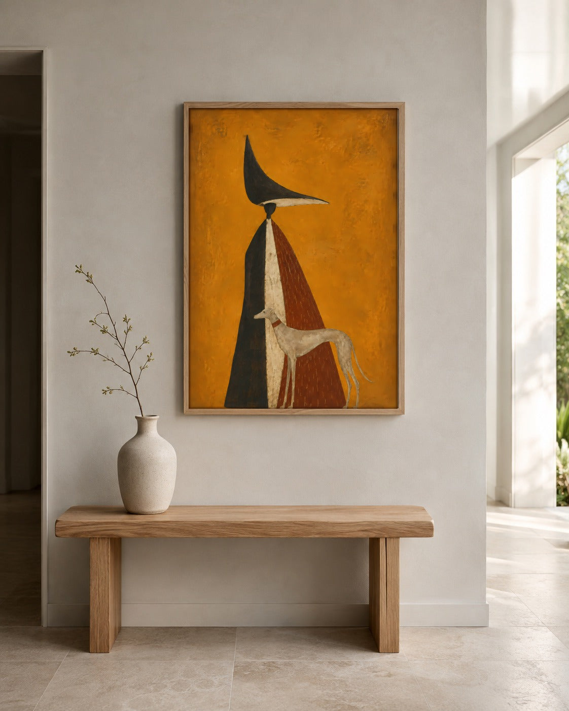 The Late Guest figure and greyhound wall art displayed in a home interior