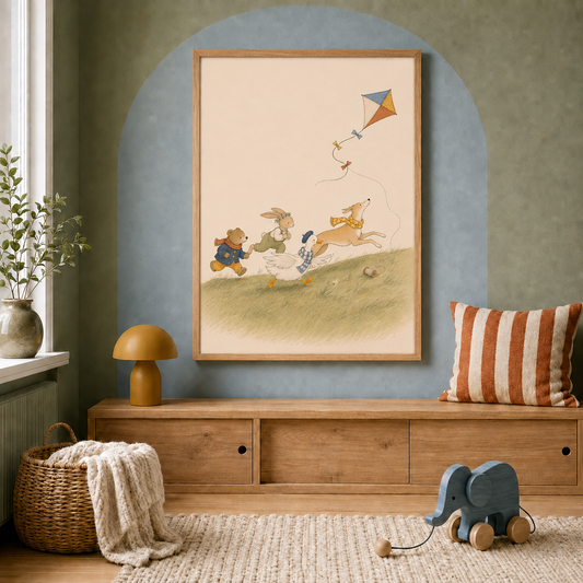 The Runaway Kite Daisy and Friends nursery wall art in a colourful Scandinavian nursery