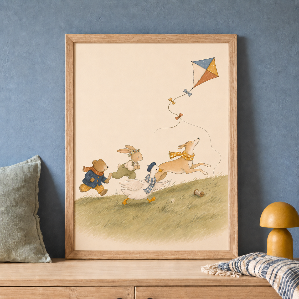 The Runaway Kite nursery print in a natural oak frame