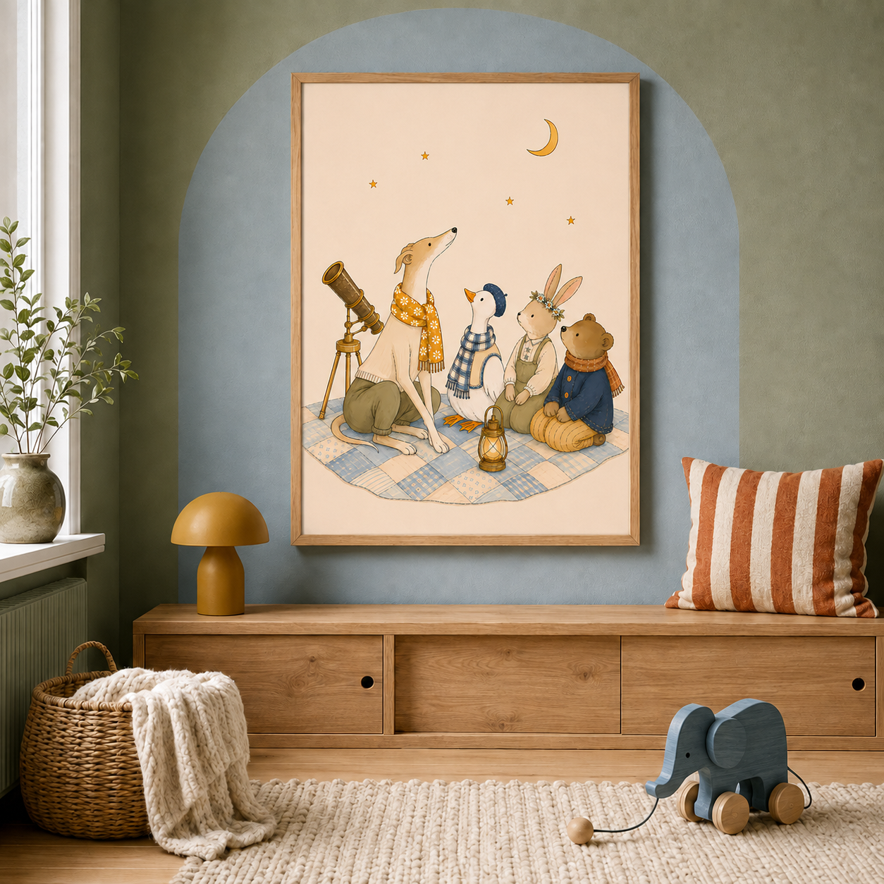 The Stargazers Daisy and Friends nursery wall art in a colourful Scandinavian nursery