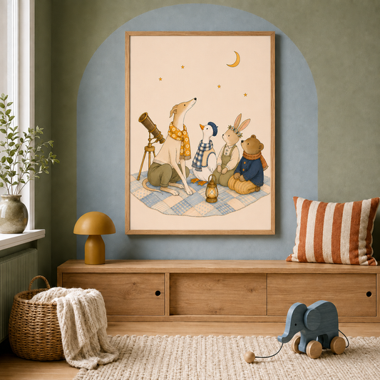 The Stargazers Daisy and Friends nursery wall art in a colourful Scandinavian nursery