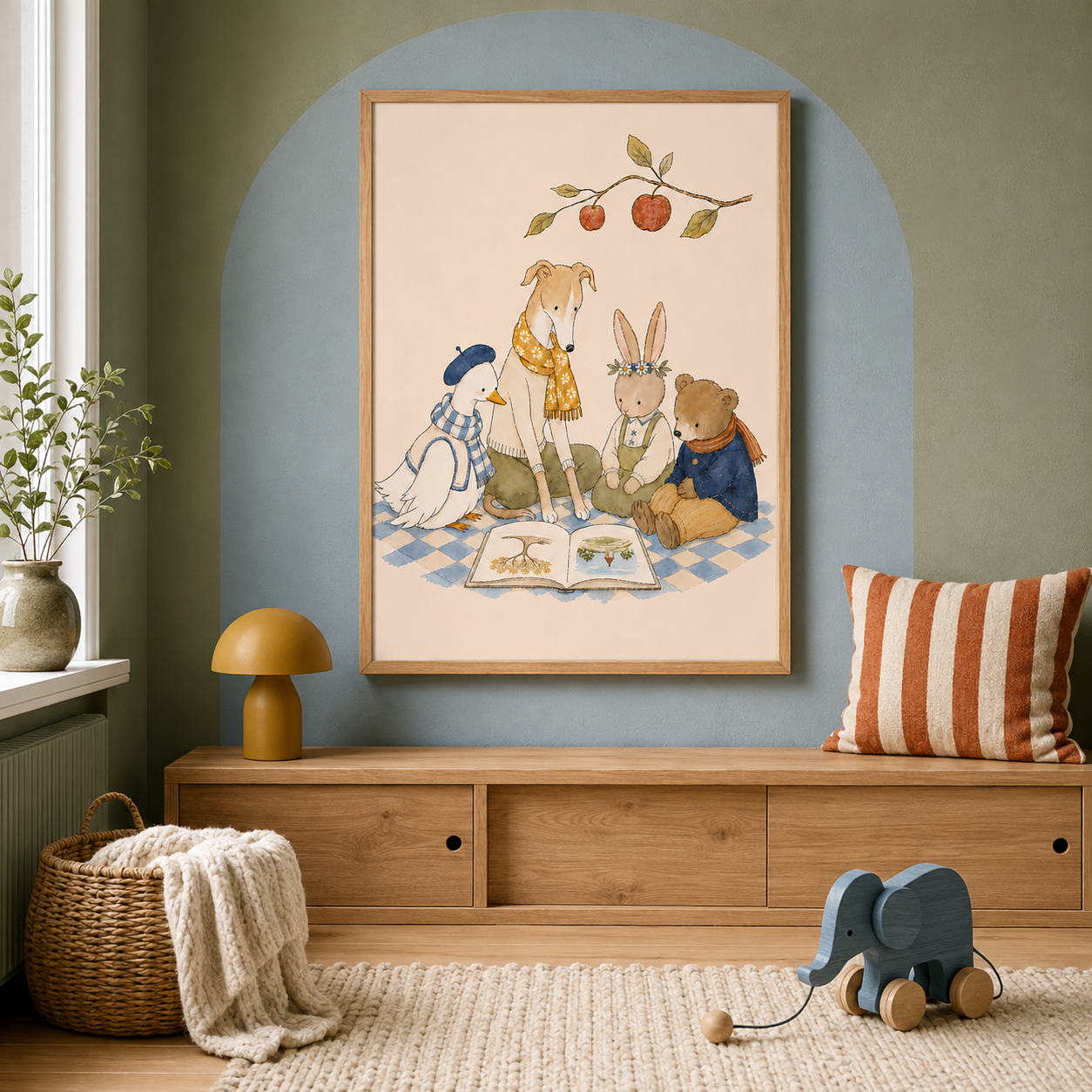 The Story Tree Daisy and Friends nursery wall art in a colourful Scandinavian nursery
