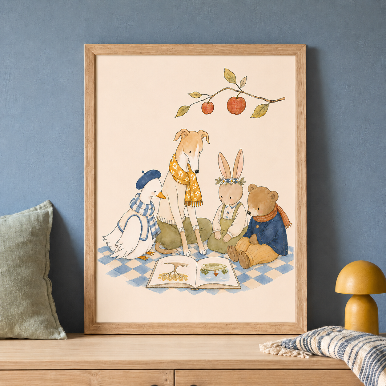 The Story Tree nursery print in a natural oak frame