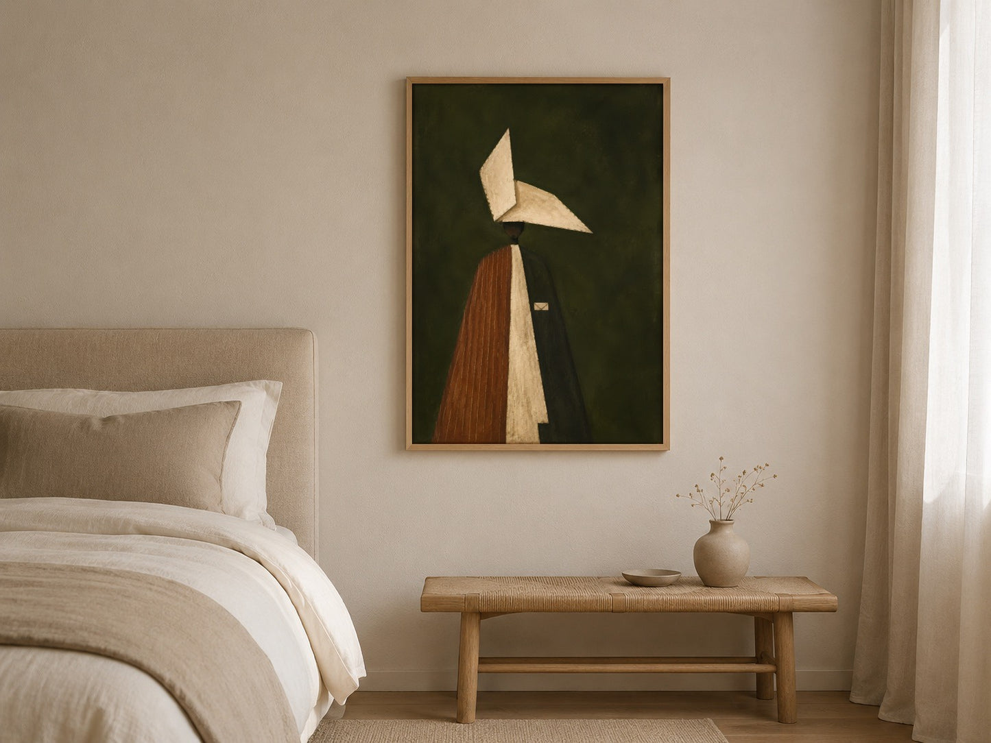 The Unsent Letter modern figurative wall art, framed in a styled interior