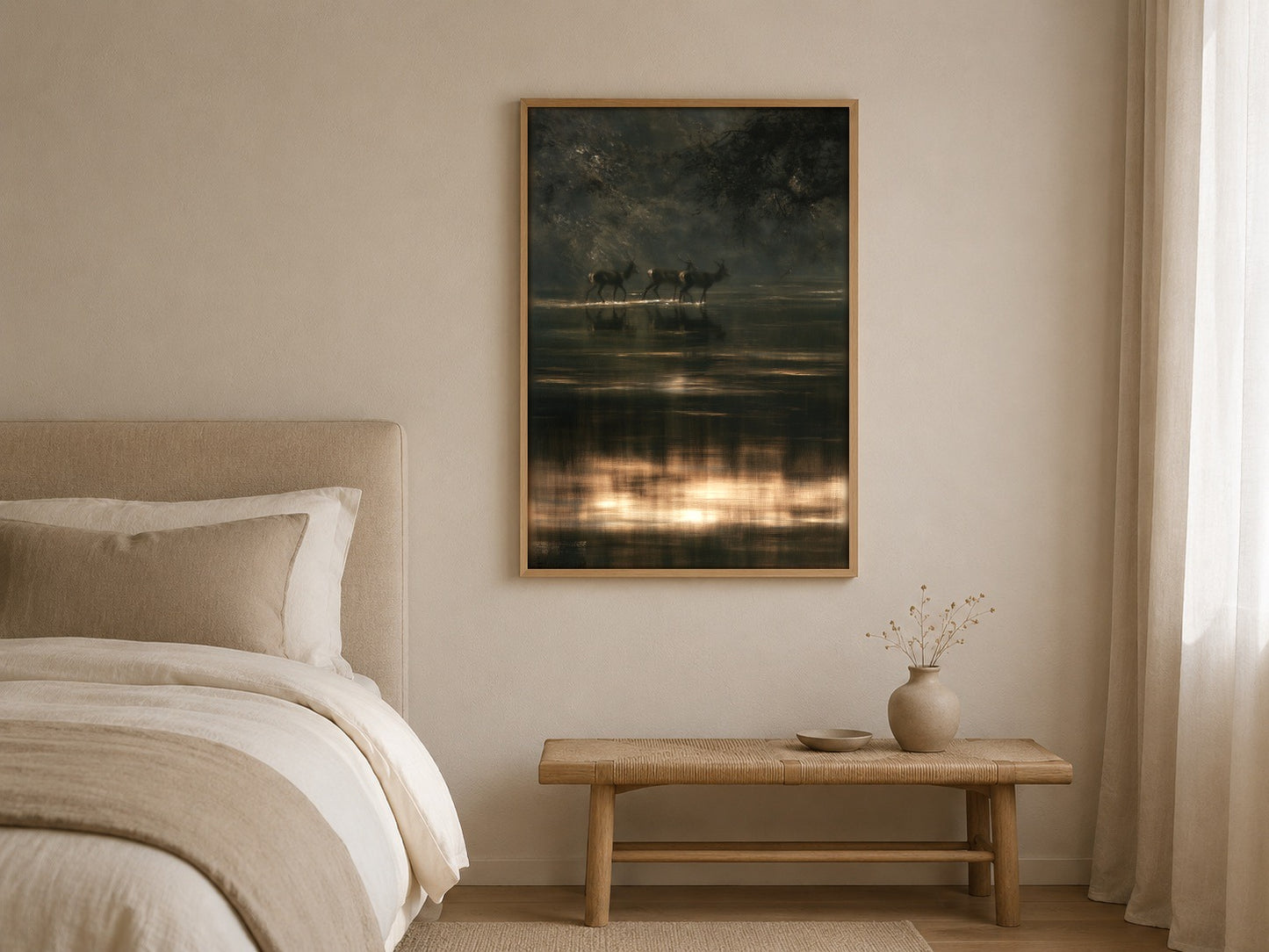 Through Still Water deer wall art, framed in a styled interior