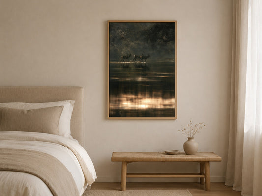 Through Still Water deer wall art, framed in a styled interior