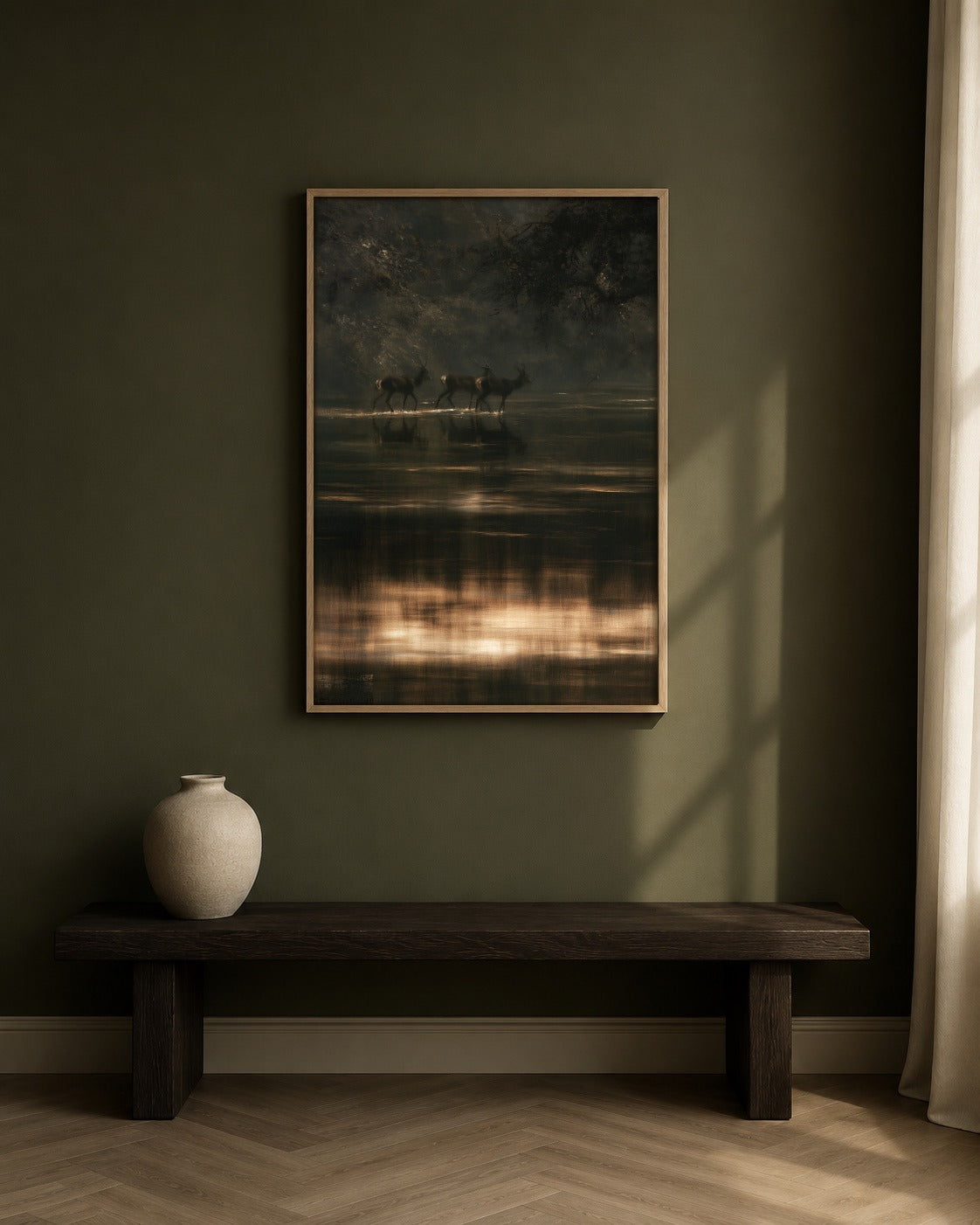 Through Still Water framed deer artwork in a contemporary interior