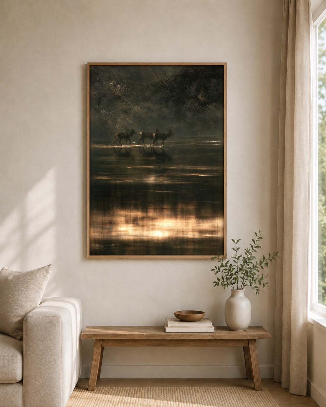 Through Still Water framed wall art styled on an interior wall
