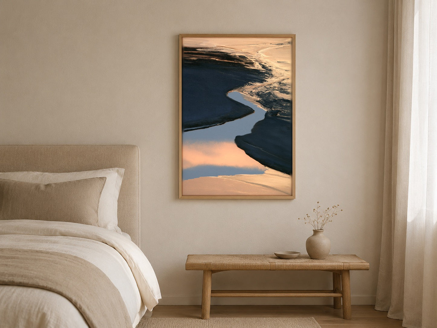 The Inlet abstract shoreline wall art, framed in a styled interior