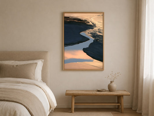 The Inlet abstract shoreline wall art, framed in a styled interior