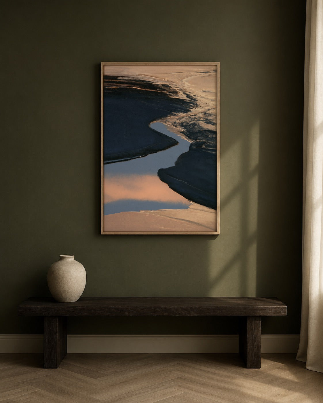 The Inlet framed coastal abstract artwork in a contemporary interior