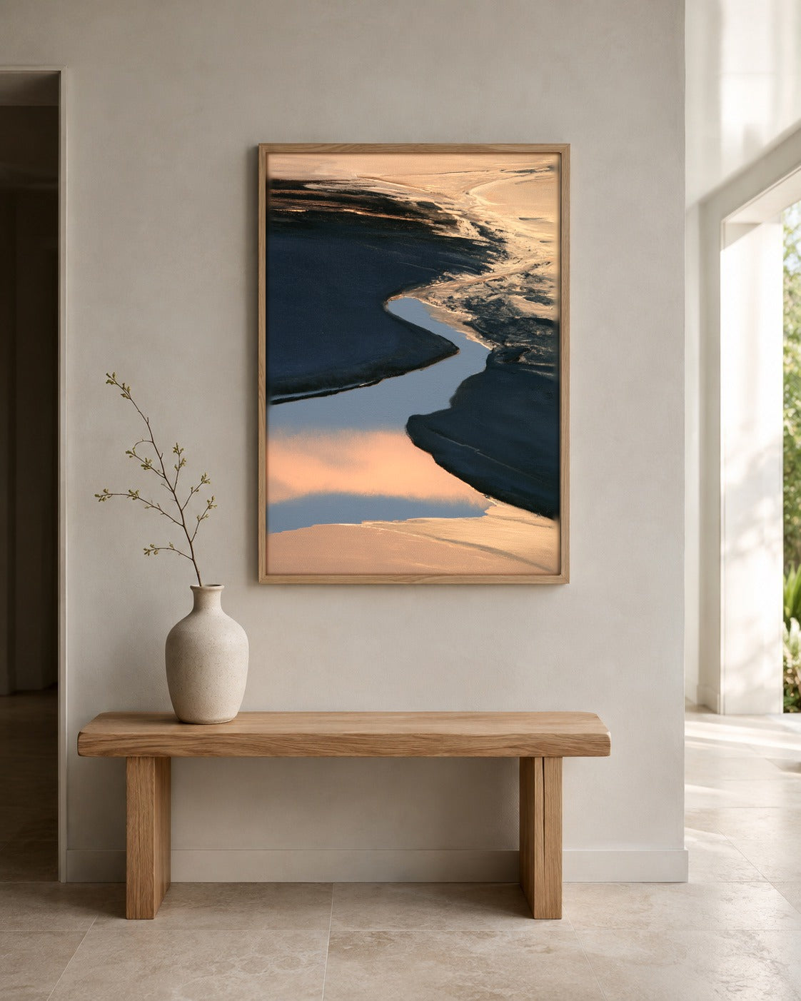 The Inlet abstract waterway wall art displayed in a home interior