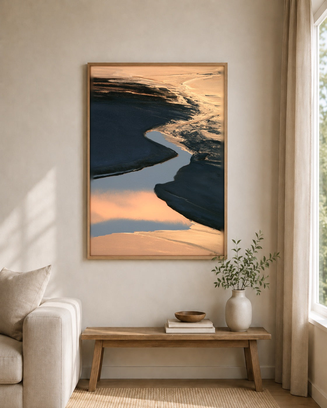 The Inlet framed wall art styled on an interior wall